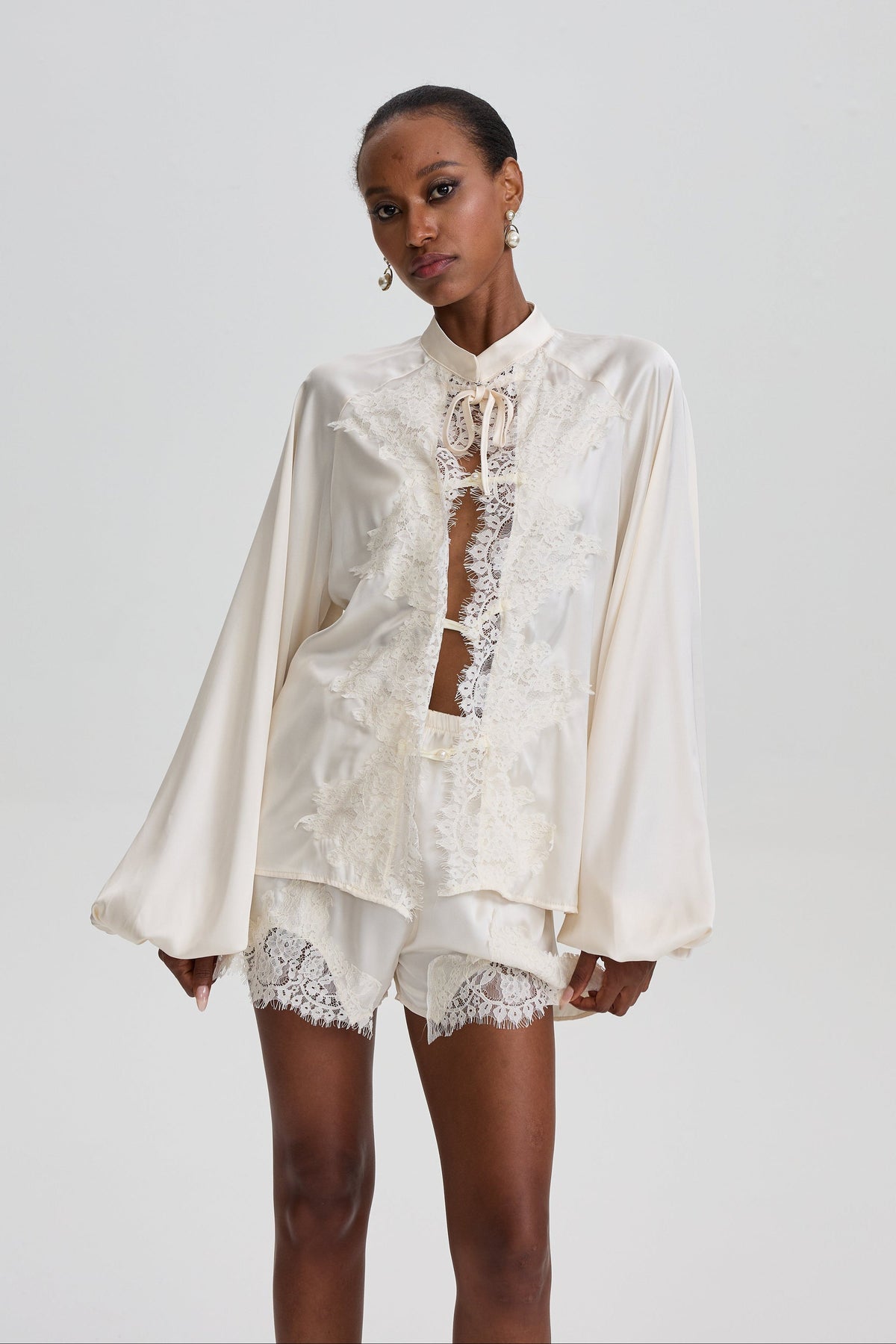 Ampary Satin Lace Oriental Two-Piece Short Set