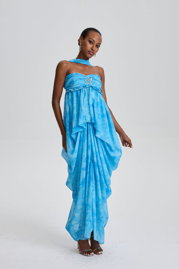 Iphigenia Floral Strapless Ruffled Maxi Dress with Star Rhinestone Deco