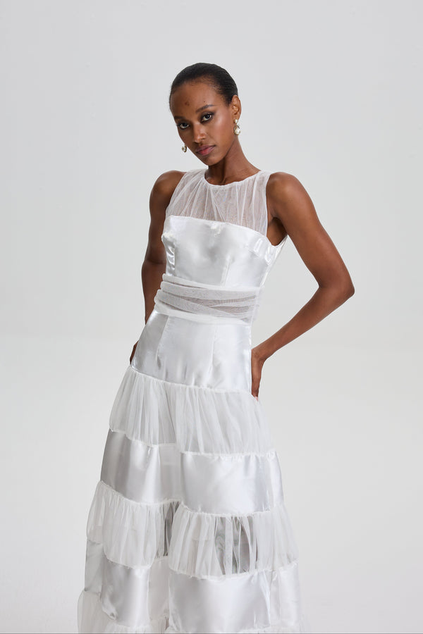 Patricie Sleeveless Mesh Panel Tiered Maxi Dress