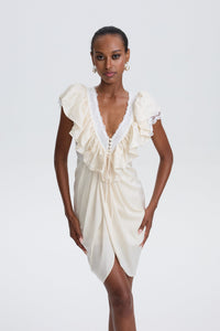Carlotta Cream Plunge Neck Satin Jumpsuit with Lace Panels