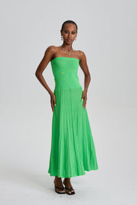 Ecem Bright Green Strapless Ribbed Pleated Midi Dress