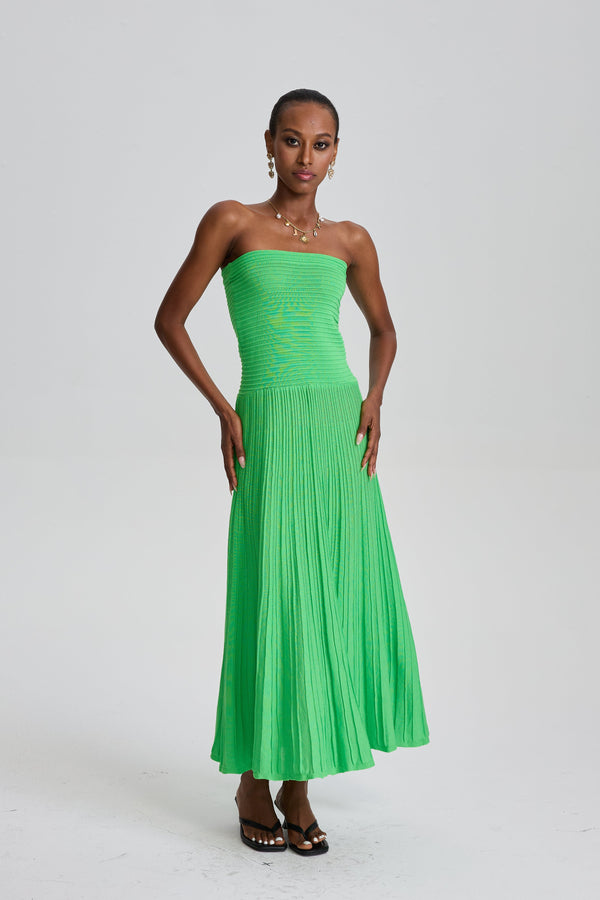 Ecem Bright Green Strapless Ribbed Pleated Midi Dress