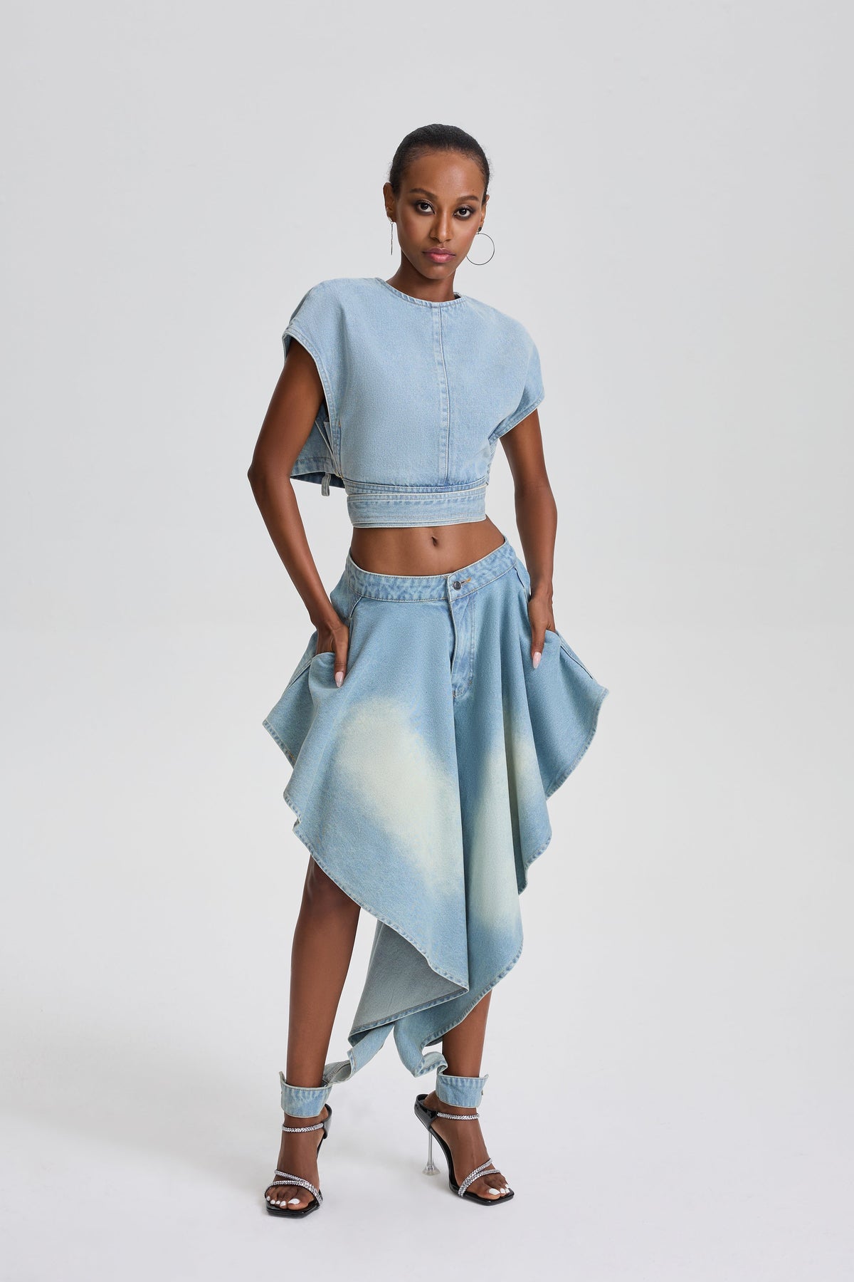 Edita Denim Crop Top& Irregular Asymmetrical Flare Skirt Set