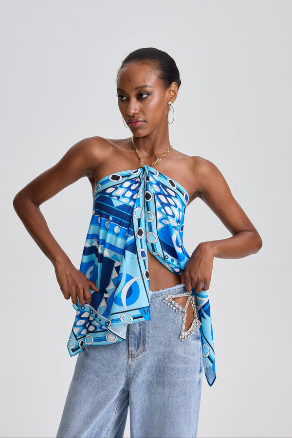 Bilun Geometric Print Tie Halter Scarf Wrap Cami Top in Blue