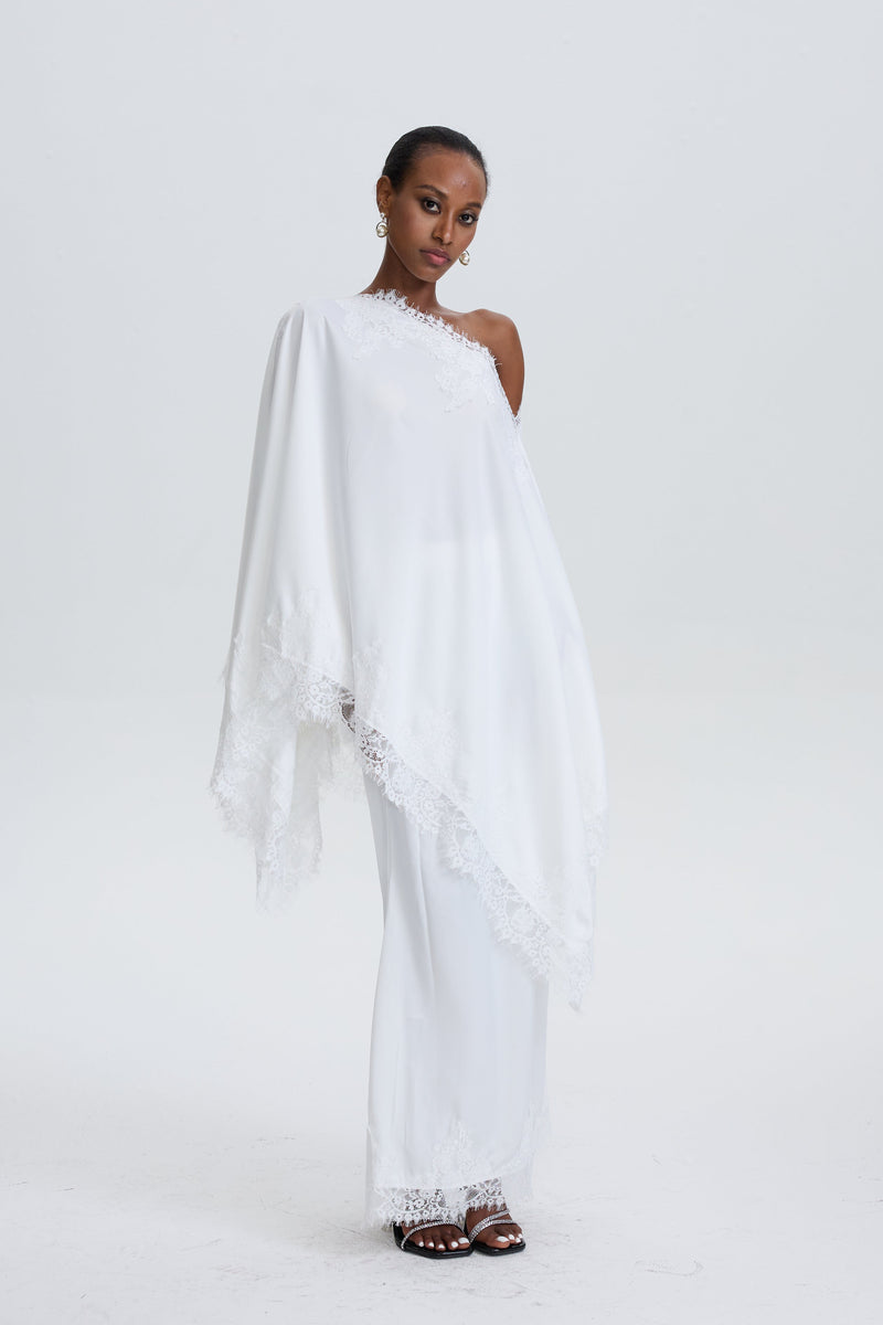 Inken Cream Cape & Skirt Set with Lace Trim