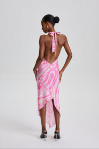 Cassandre Retro Swirl Print Halter Open Back Midi Scarf Dress