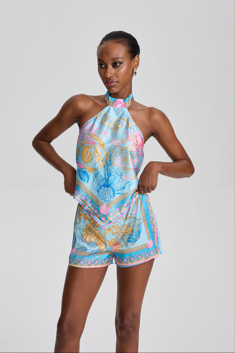 Gentry Ocean Seashell Print Halter Scarf Top & Short Set in Blue