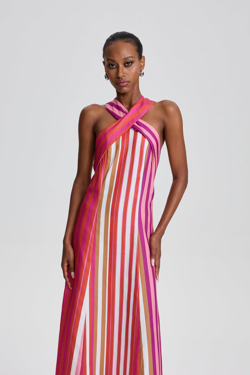 Brigitte Striped Cross Halter Maxi Dress