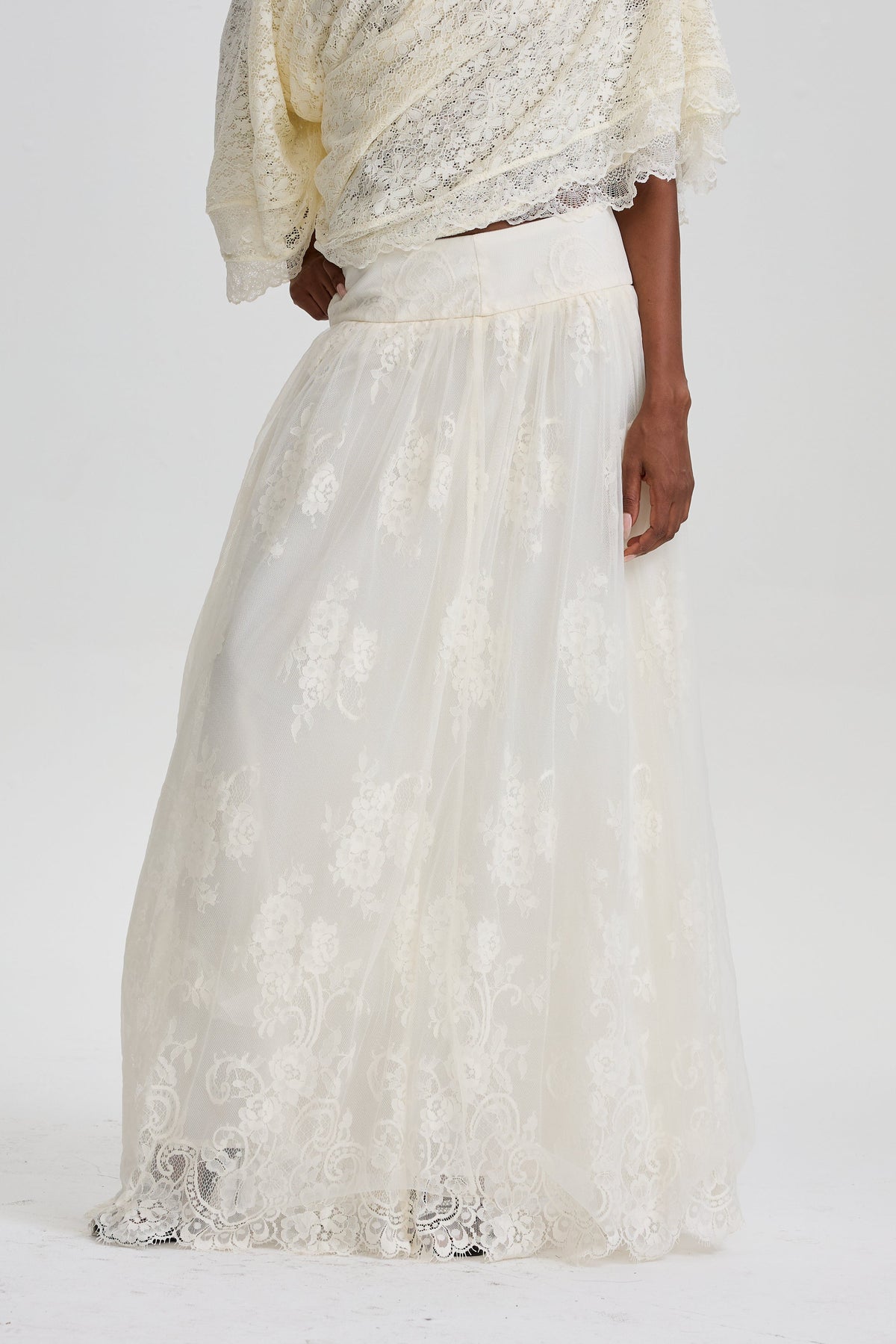 Odelia High‑Waist Floral Lace Overlay Maxi Skirt