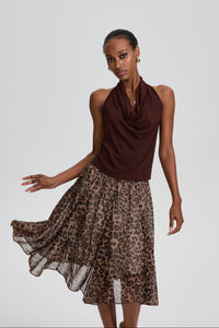 Wyna Draped Halter Tank Top & Sheer Leopard Print Flowy Skirt Set