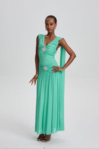 Beppe V-Neck Ruched Maxi Dress with Rhinestone Decor