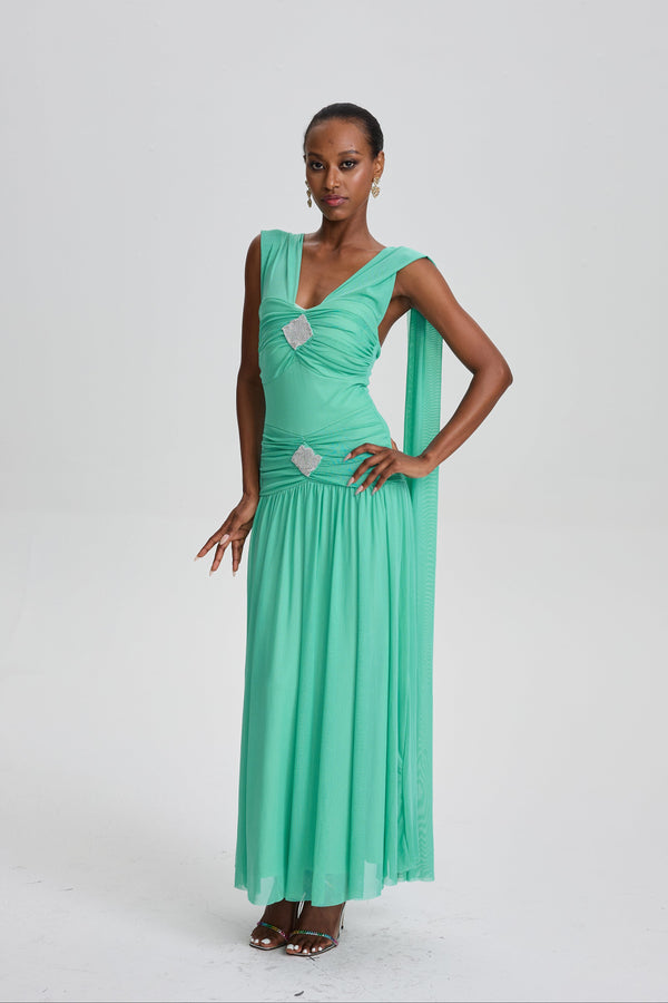Beppe V-Neck Ruched Maxi Dress with Rhinestone Decor