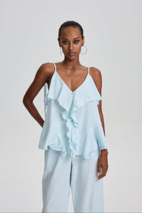 Cevher Ruffle Spaghetti Strap Top & Flared Pant Set