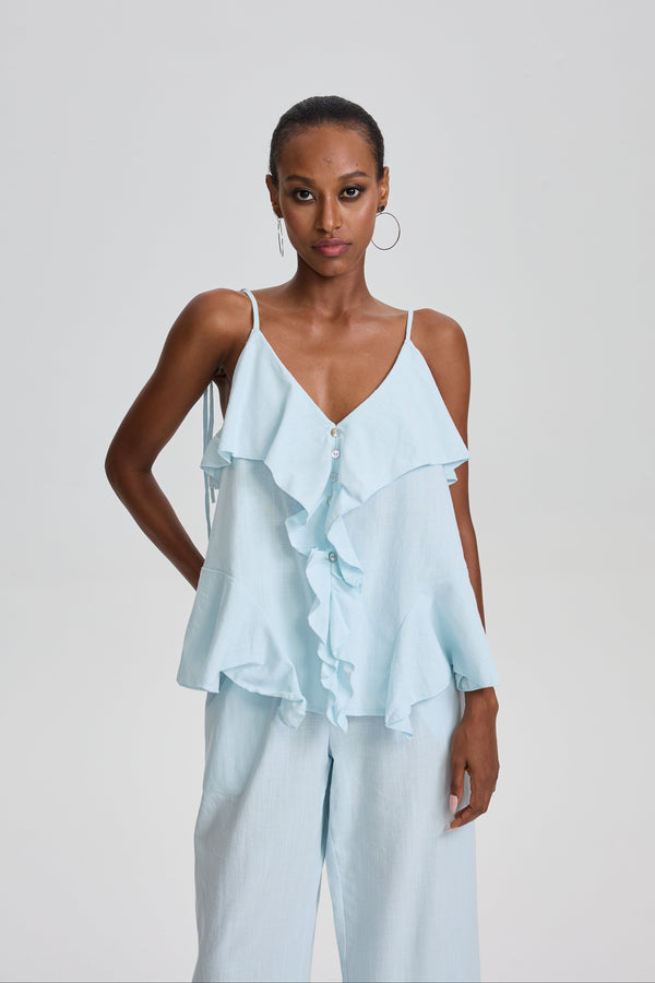 Cevher Ruffle Spaghetti Strap Top & Flared Pant Set
