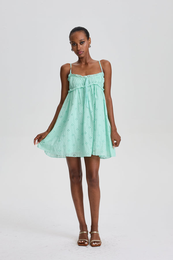 Lilou Spaghetti Strap Babydoll Mini Dress with Eyelet Embroidery