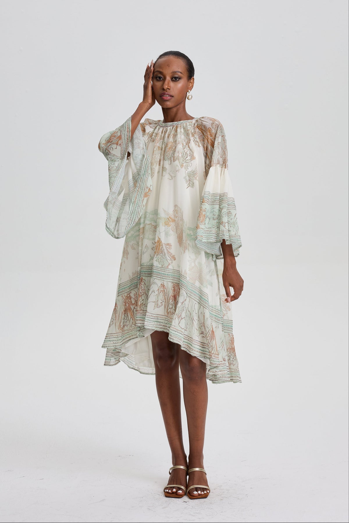 Siosi Bell Sleeve Print Ruffle Mini Dress