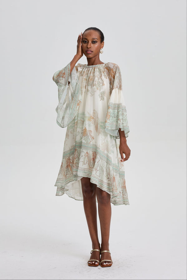 Siosi Bell Sleeve Print Ruffle Mini Dress