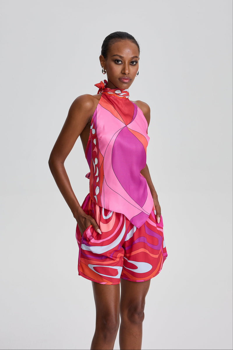 Livia Retro Abstract Print Halter Top & Pocket Short Set