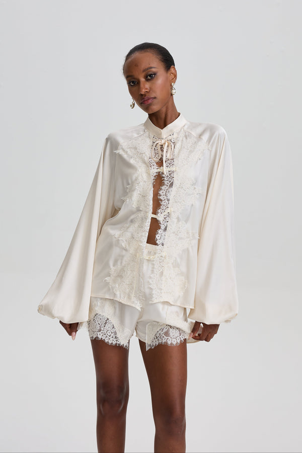 Ampary Satin Lace Oriental Two-Piece Short Set