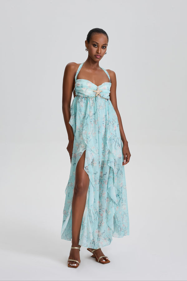 Damaris Floral Halter Maxi Dress with Starfish Ornament