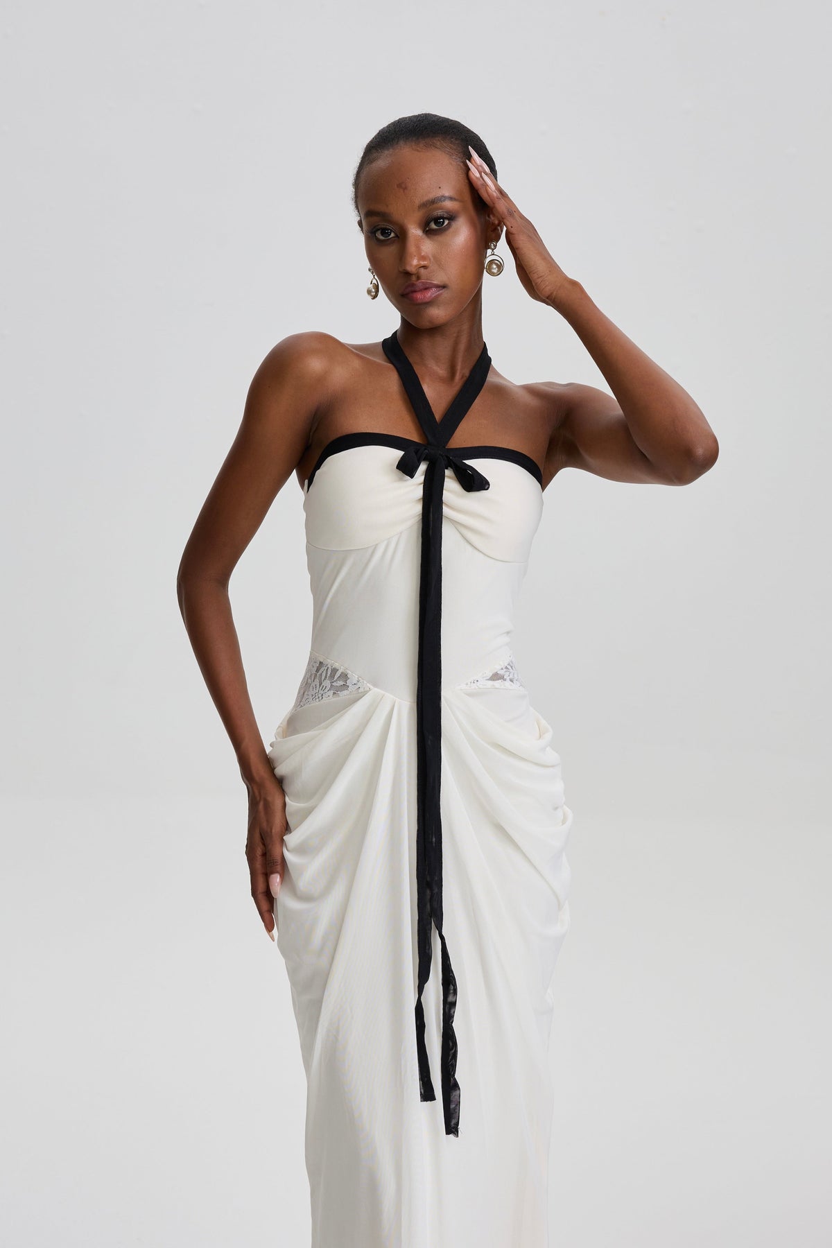 Nevaeh Lace Cut‑Out Draped Bodycon Maxi Dres