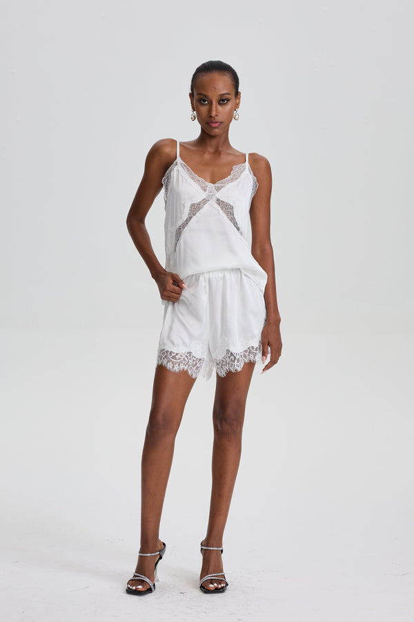 Satin Cami Pajama Short Set with Lace Cutout Details