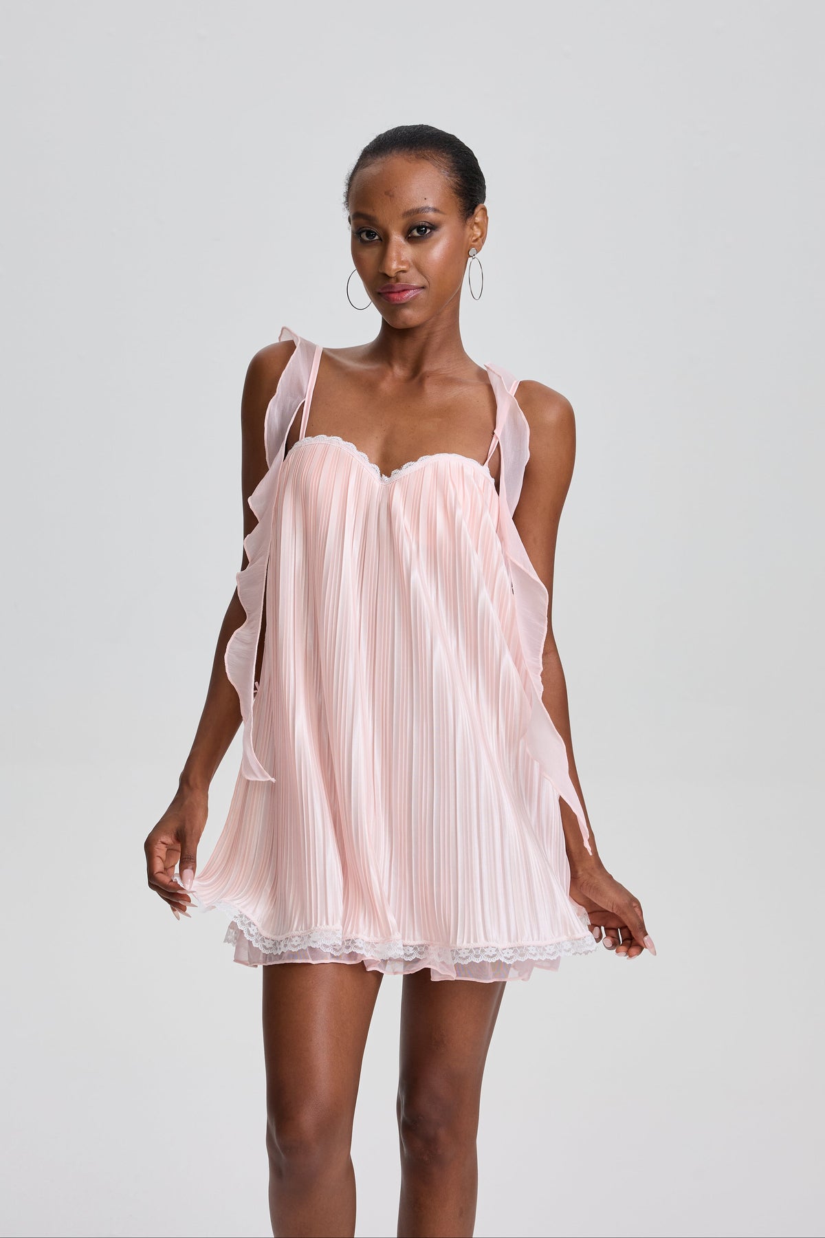 Rhema Pleated Ruffle Strap Lace Trim Slip Mini Dress