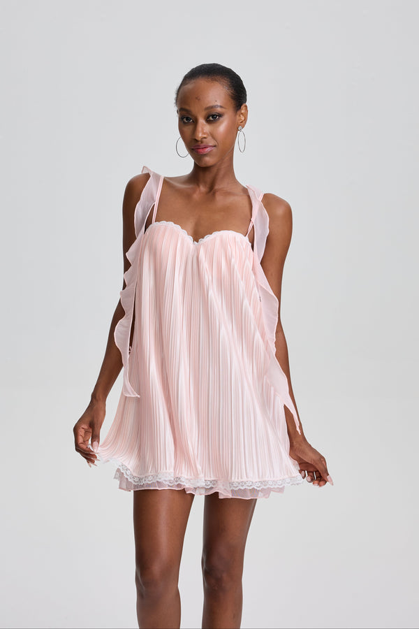 Rhema Pleated Ruffle Strap Lace Trim Slip Mini Dress