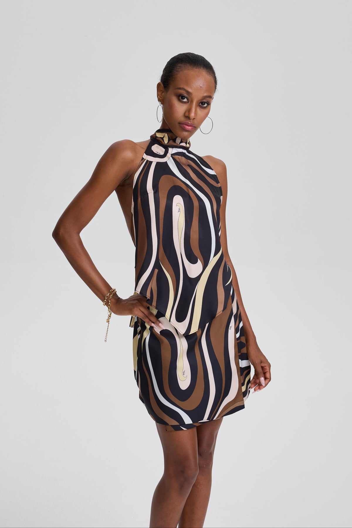 Elodie Abstract Swirl Print Halter Layered Mini Dress in Brown