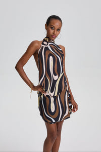 Elodie Abstract Swirl Print Halter Layered Mini Dress in Brown
