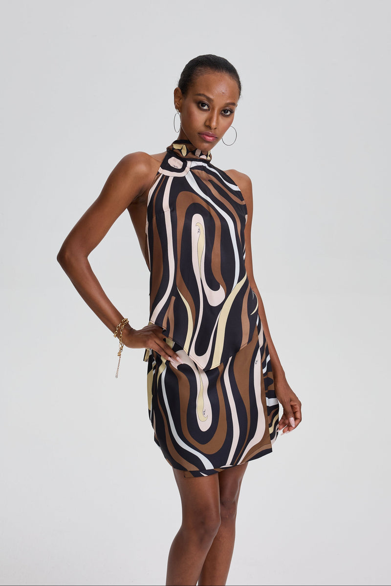Elodie Abstract Swirl Print Halter Layered Mini Dress in Brown