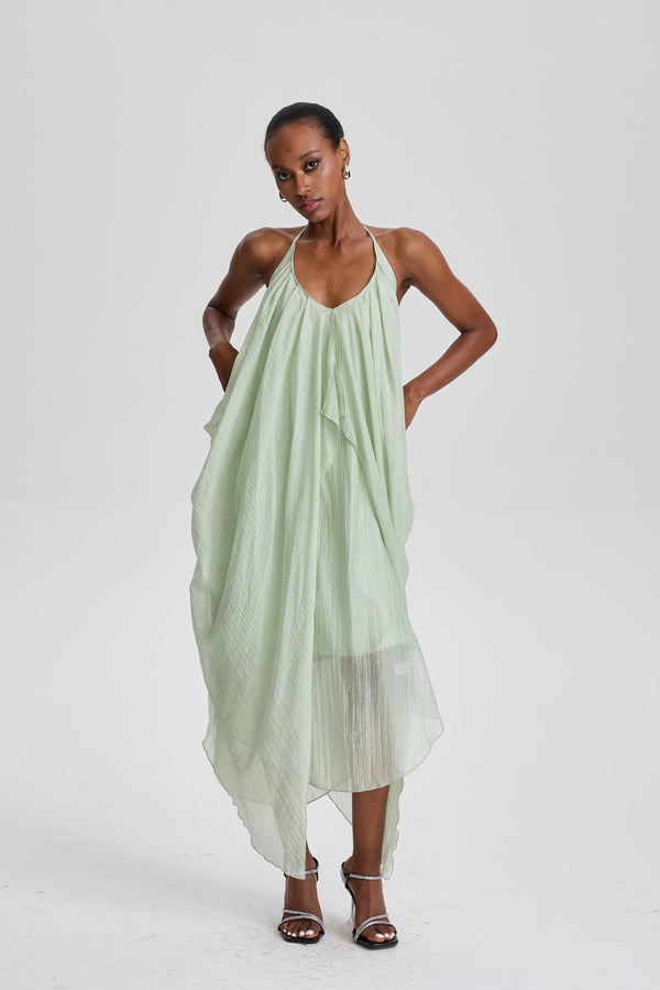 Feriha Halter V-Neck Oversized Wrap Midi Dress in Pale Sage Green