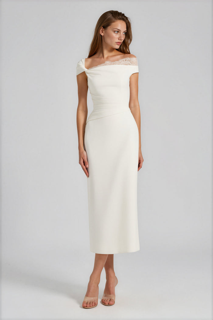 Rojolmo White One Shoulder Midi Dress with Lace Panels