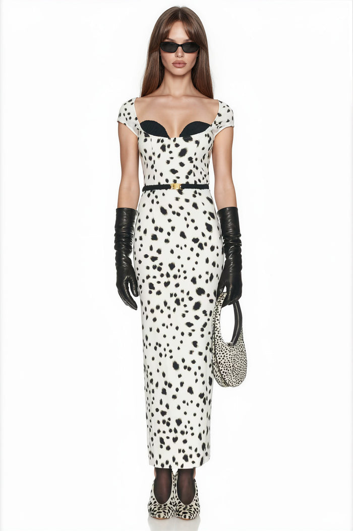 Henar White Leopard Polka Midi Dress