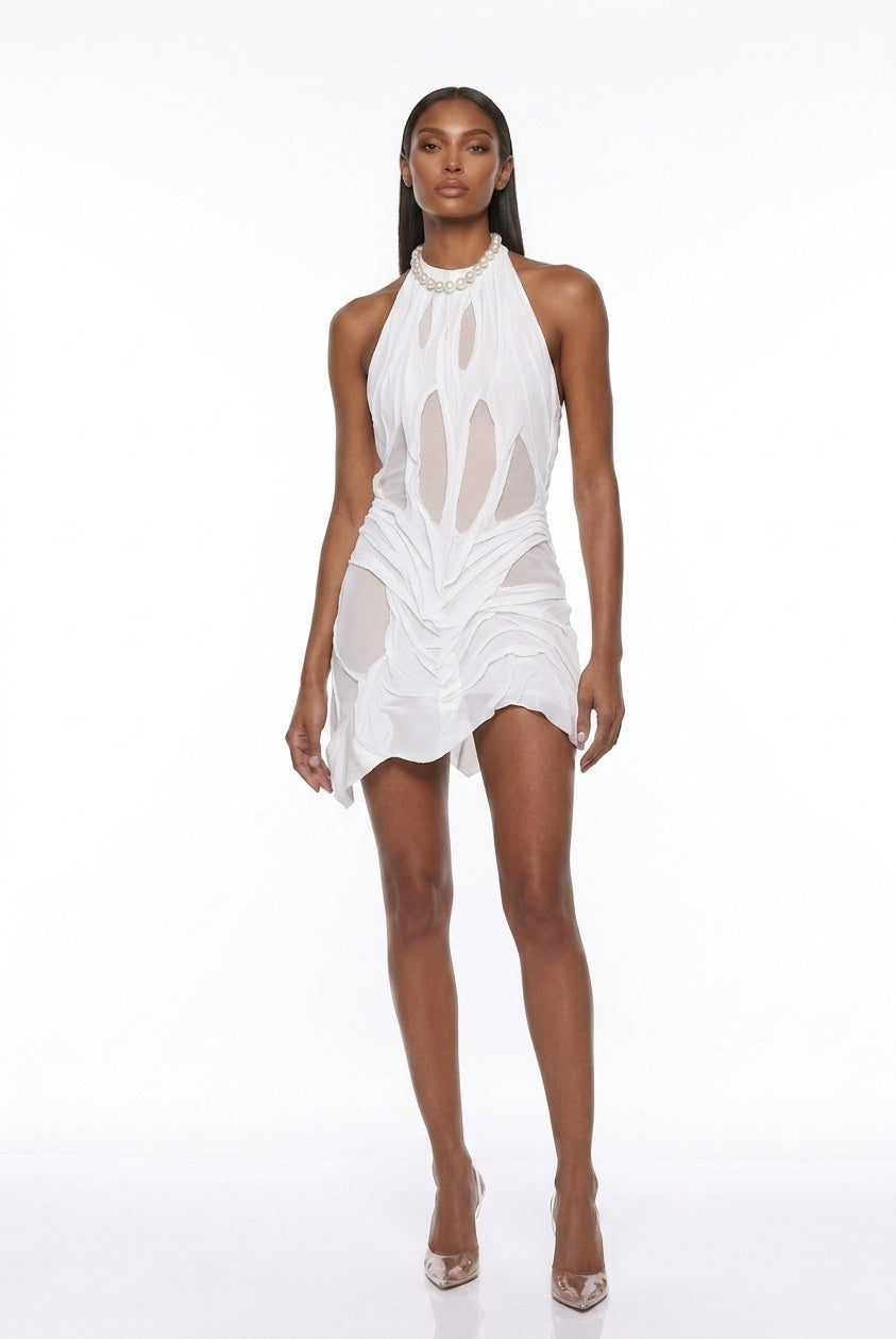 Bethan Halter Neck Ruch Asymmetric Mini Dress In White