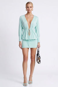 Trinh Deep-V Drawstring Long Sleeve Top & Mini Skirt Set