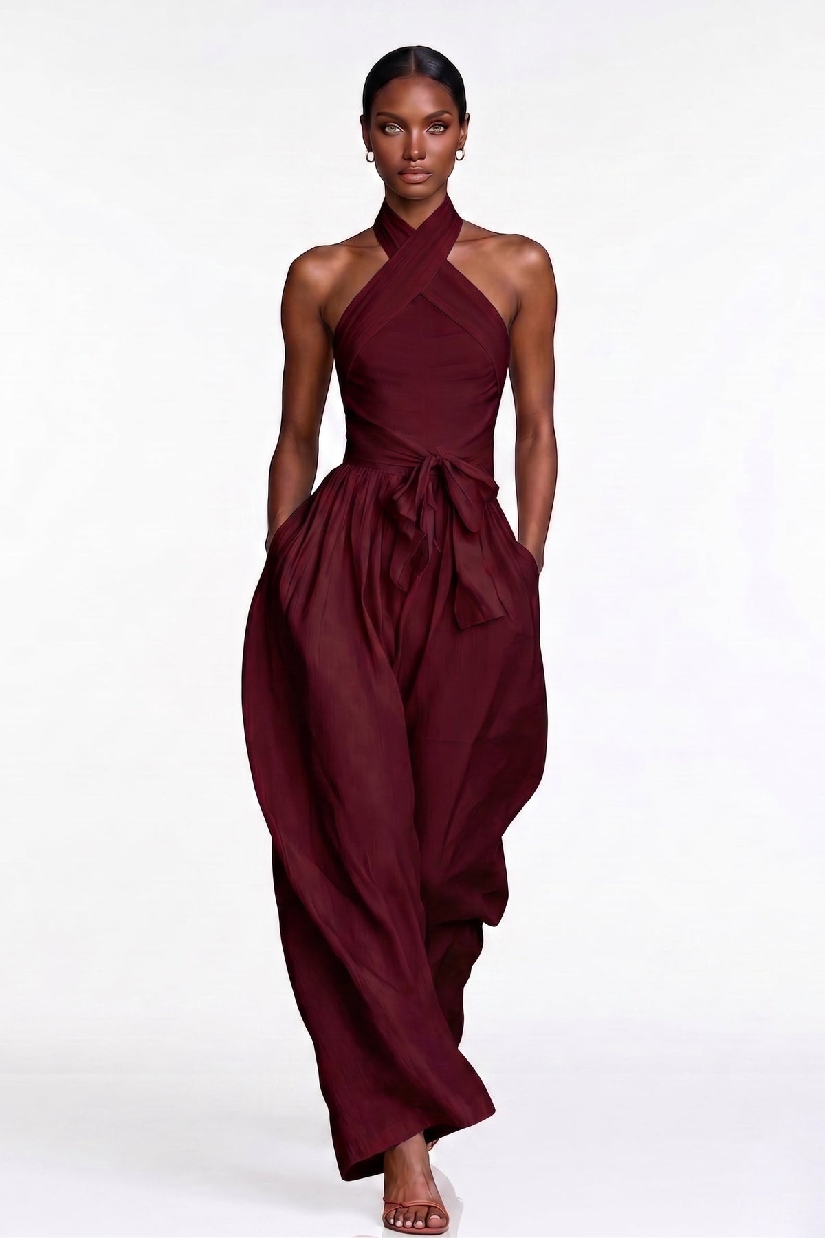 Jovsneous Halter Neck Tie Up Baggy Jumpsuit