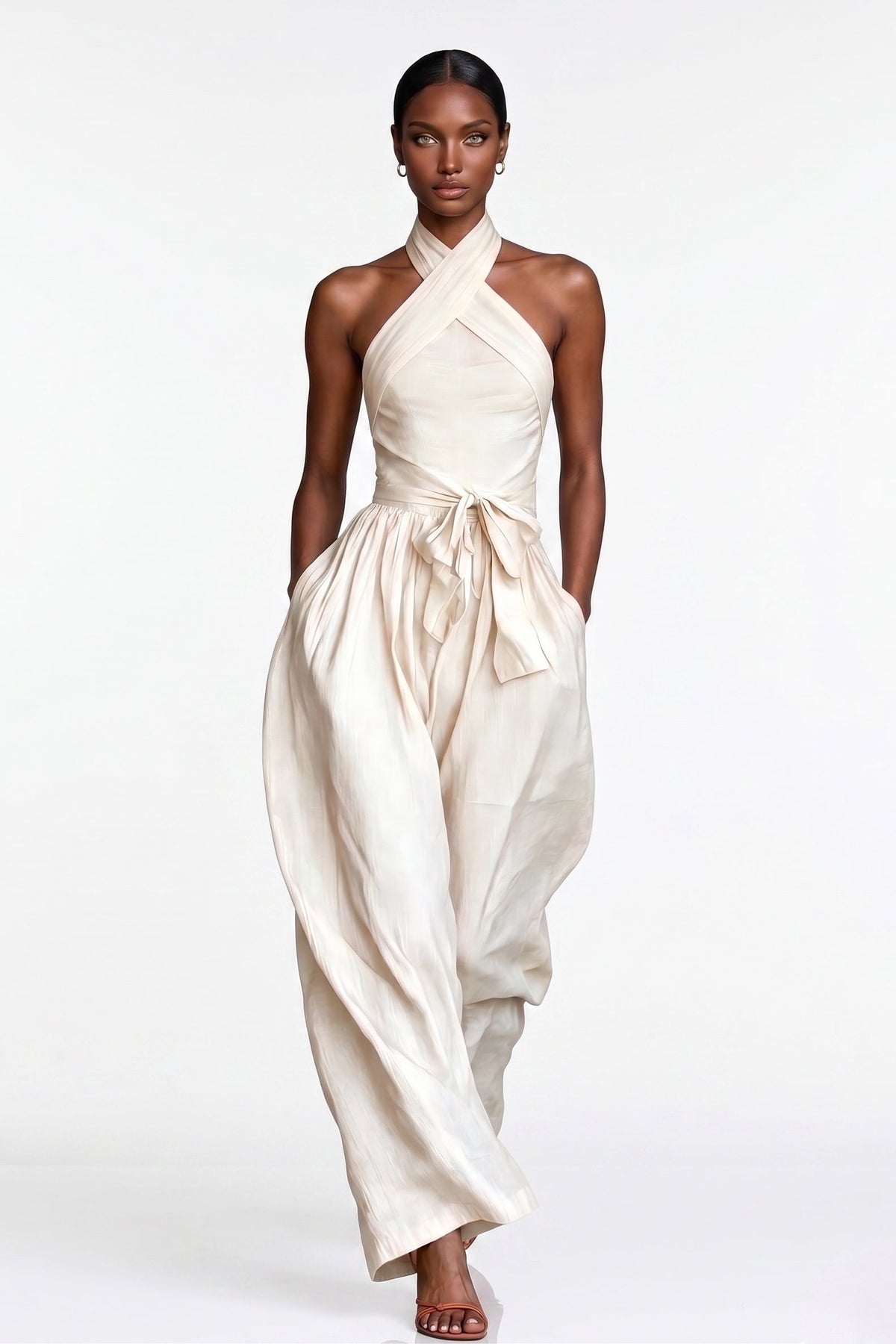 Jovsneous Halter Neck Tie Up Baggy Jumpsuit