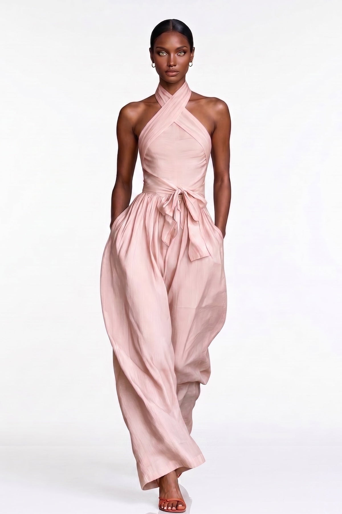 Jovsneous Halter Neck Tie Up Baggy Jumpsuit