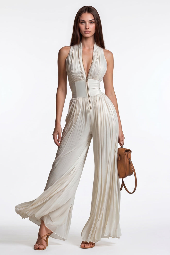 Scarlet Zipper Ruch Jumpsuit In White