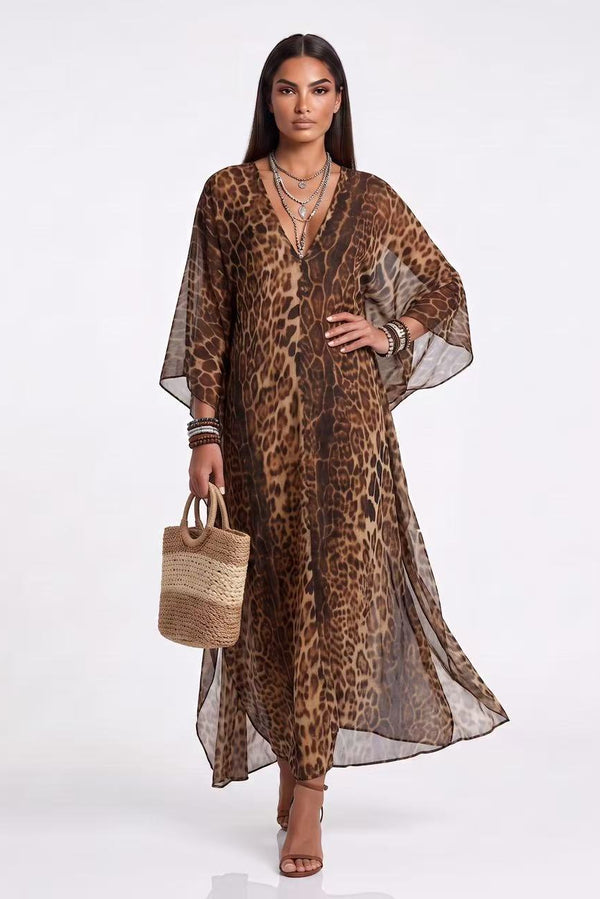 Lucille Leopard Print Sheer Kaftan Maxi Dress