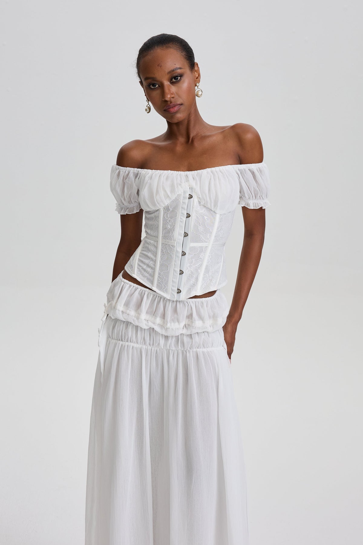 Solalnes Off-Shoulder Lace Corset Top& Ruffled Chiffon Dress Set