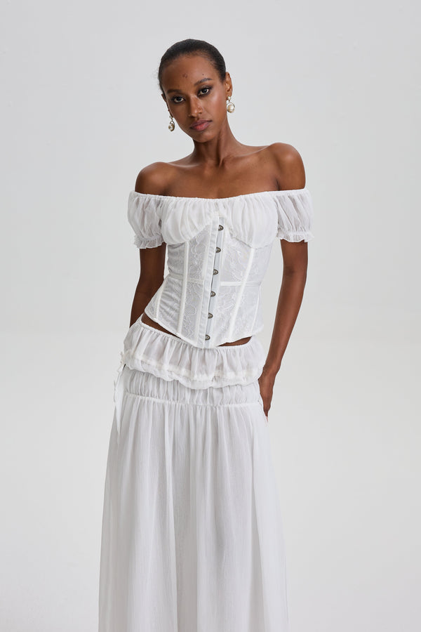 Solalnes Off-Shoulder Lace Corset Top& Ruffled Chiffon Dress Set