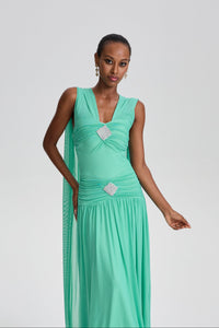 Beppe V-Neck Ruched Maxi Dress with Rhinestone Decor
