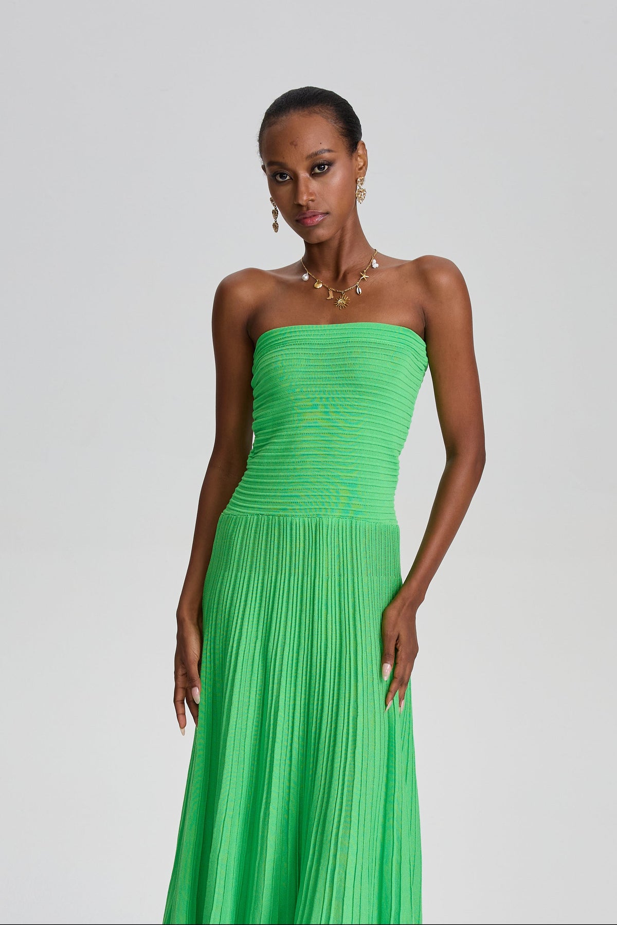 Ecem Bright Green Strapless Ribbed Pleated Midi Dress