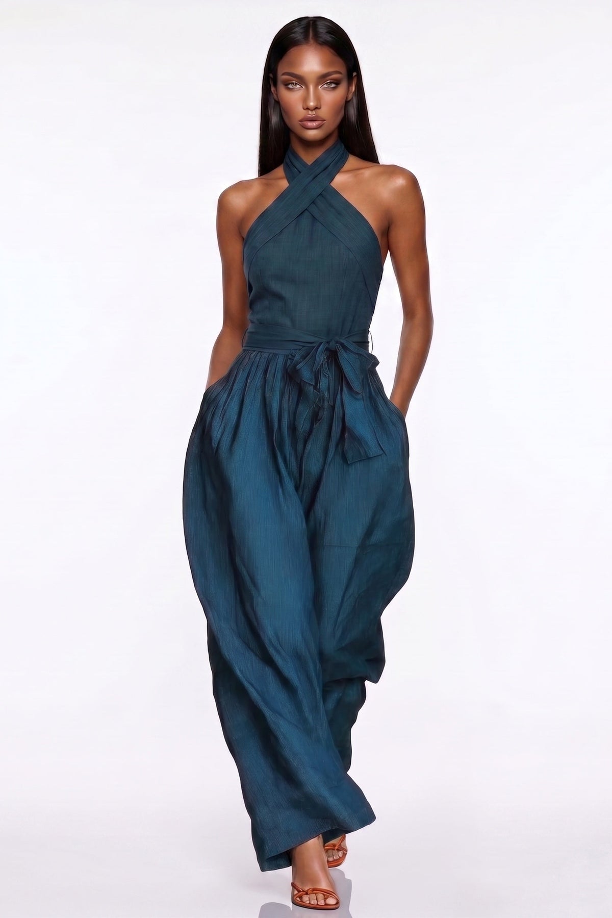 Jovsneous Halter Neck Tie Up Baggy Jumpsuit