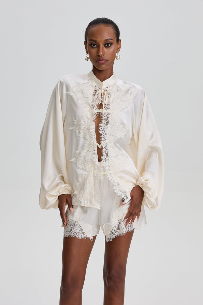 Ampary Satin Lace Oriental Two-Piece Short Set