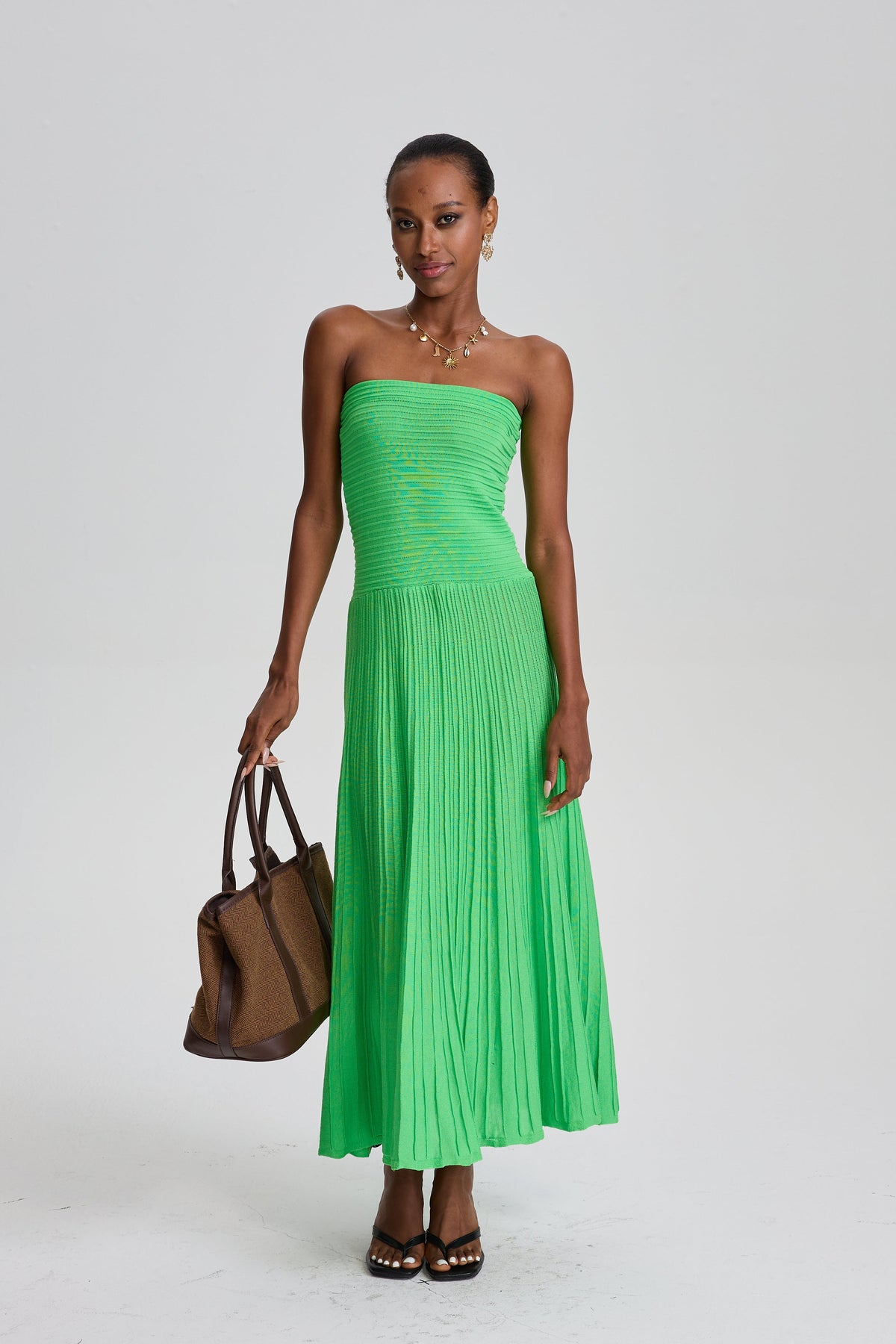 Ecem Bright Green Strapless Ribbed Pleated Midi Dress