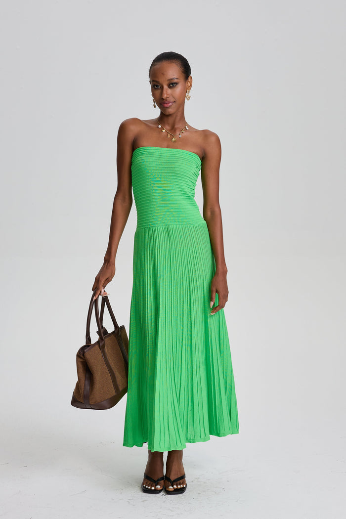 Ecem Bright Green Strapless Ribbed Pleated Midi Dress