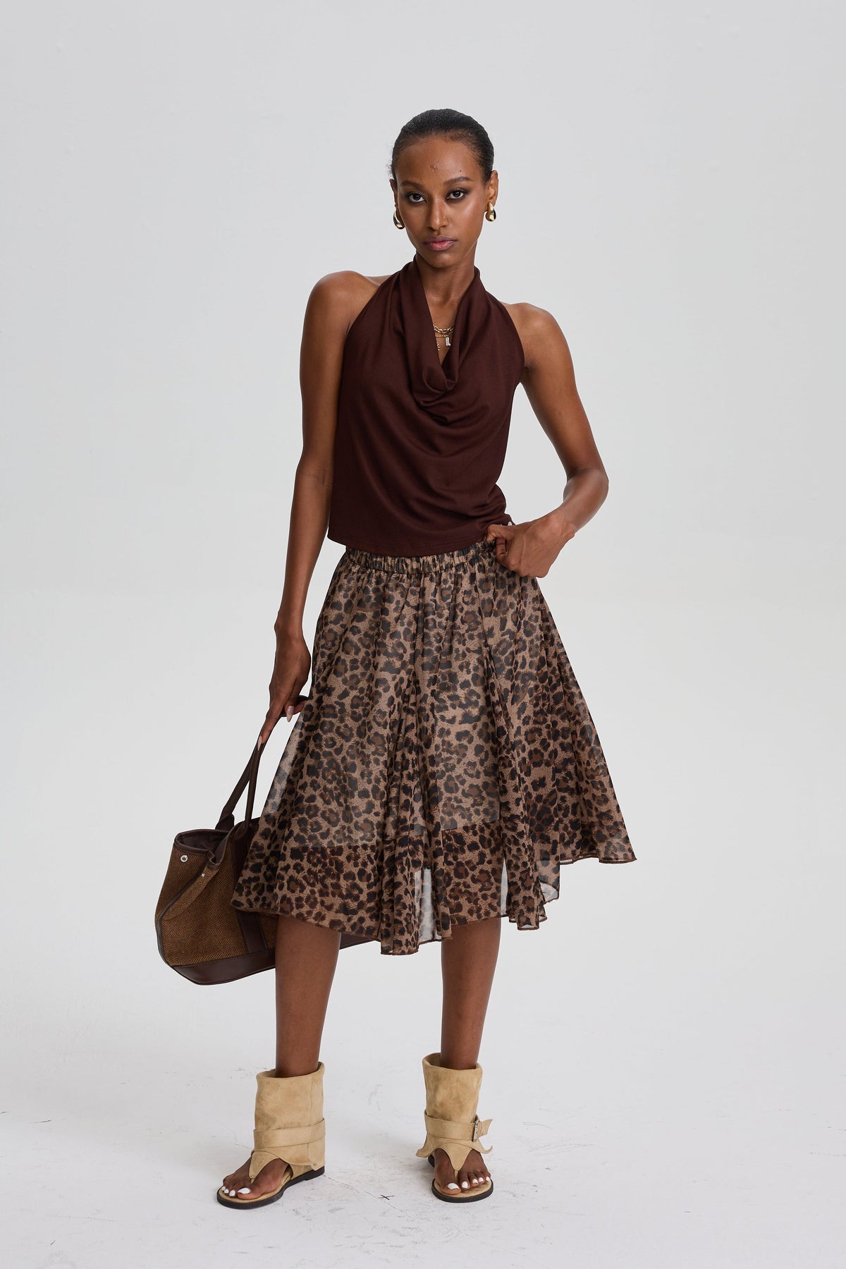 Wyna Draped Halter Tank Top & Sheer Leopard Print Flowy Skirt Set